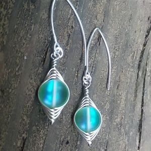 Green Rainbow AB Silver Marquise Earrings